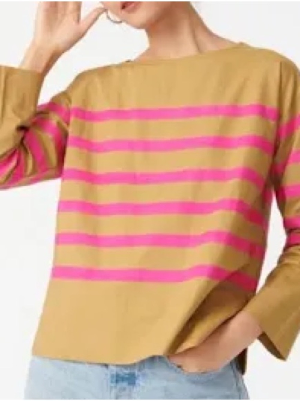 J Crew Poplin Top with Ribbon Stripe Khaki Pink Long Sleeve Fall